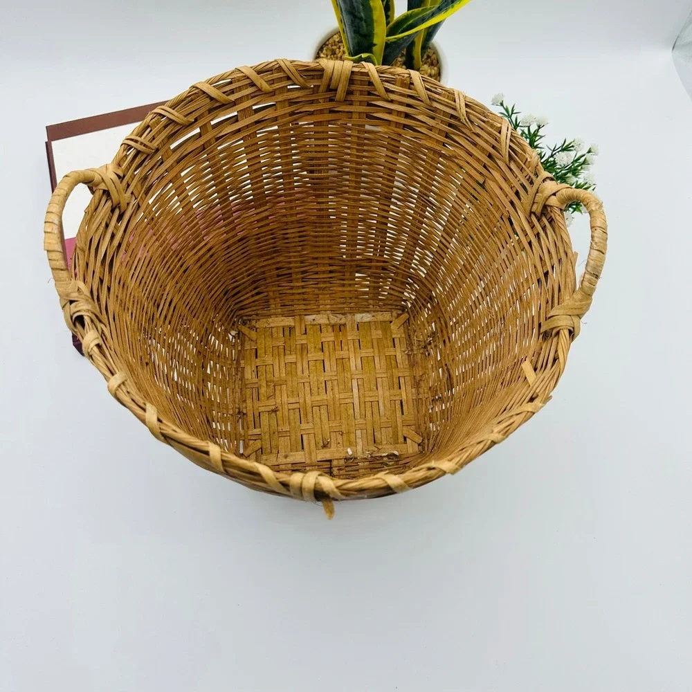 Vintage Bamboo Woven Basket with Handles Square Base Round Top Asian Boho